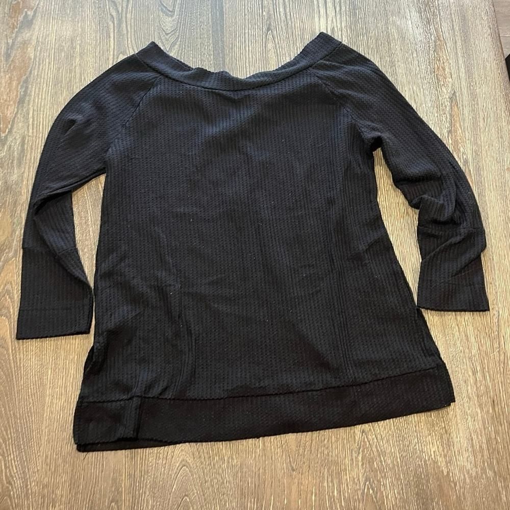 SimpleFun Waffle Knit Sweater Top Boat Neck 3/4 Sleeve Pullover Black Size L